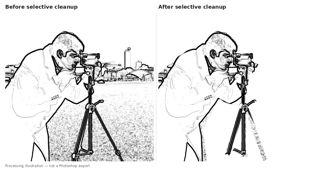 Camera edge study before and after a manually defined selective background mask
