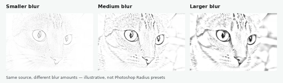 Illustrative effects of smaller, medium, and larger blur amounts