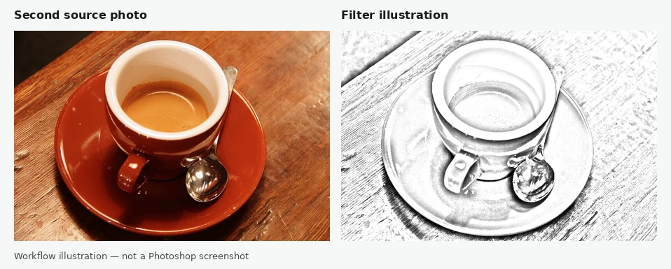 Coffee photograph beside a second illustrative pencil-style result