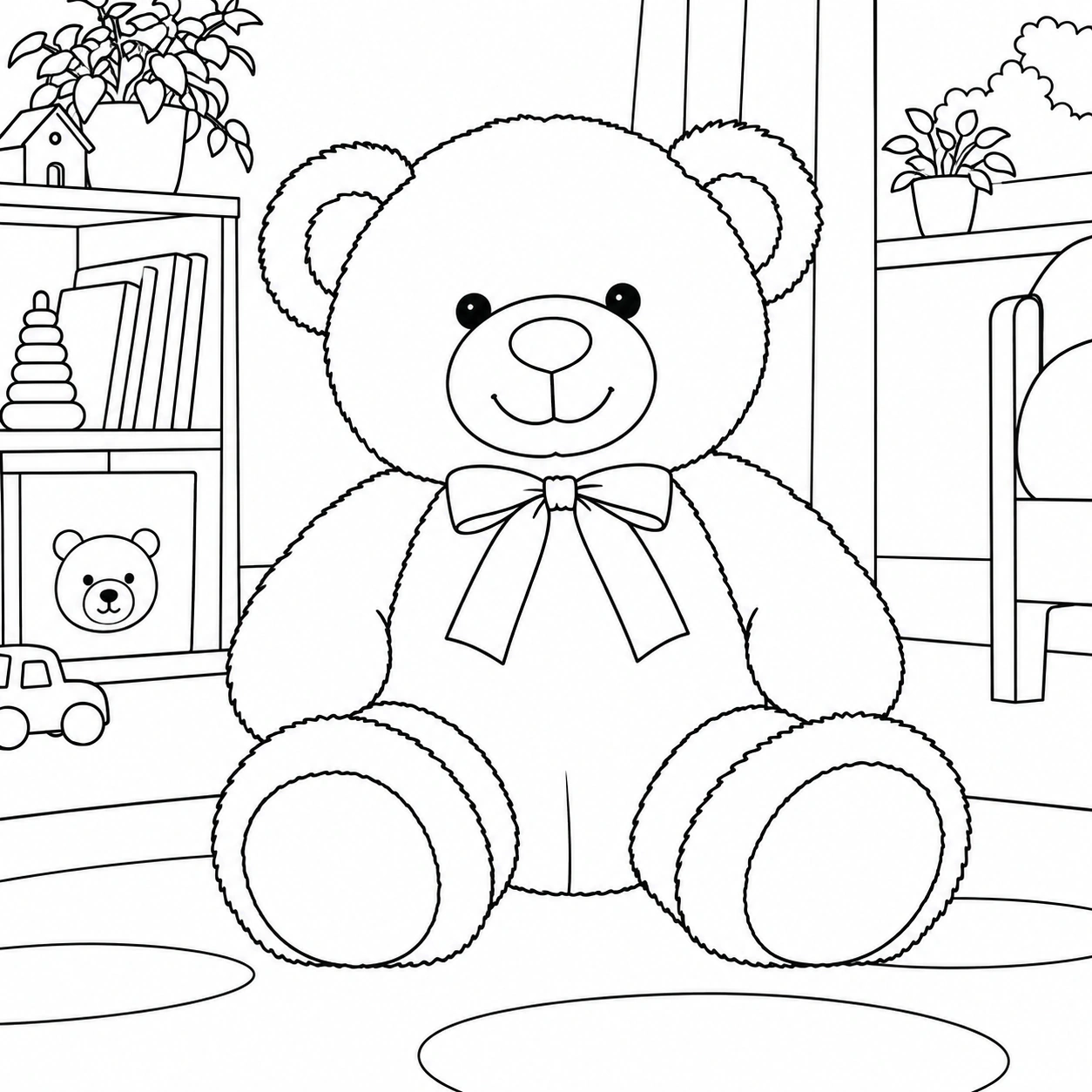 Coloring page of a seated teddy bear with a bow
