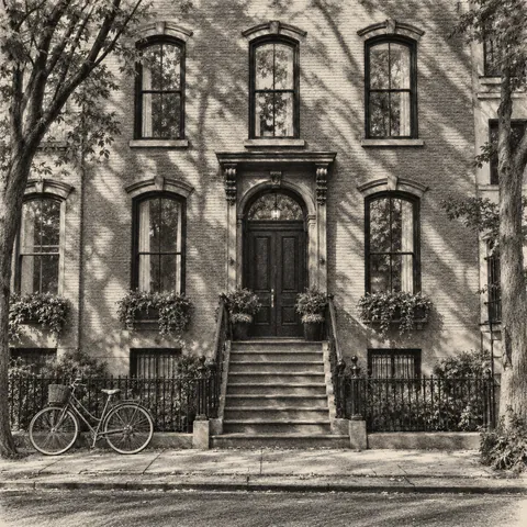Red-brick townhouse rendered as an expressive charcoal drawing