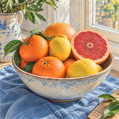 Citrus still life rendered as a colored pencil drawing