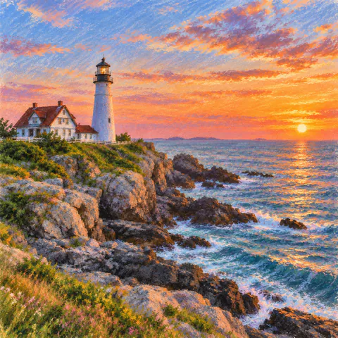 Coastal lighthouse rendered as a soft pastel drawing