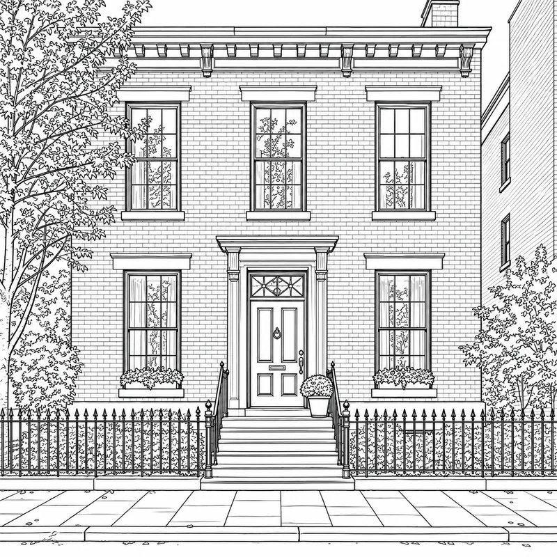 Classic black-and-white line drawing of the same townhouse facade