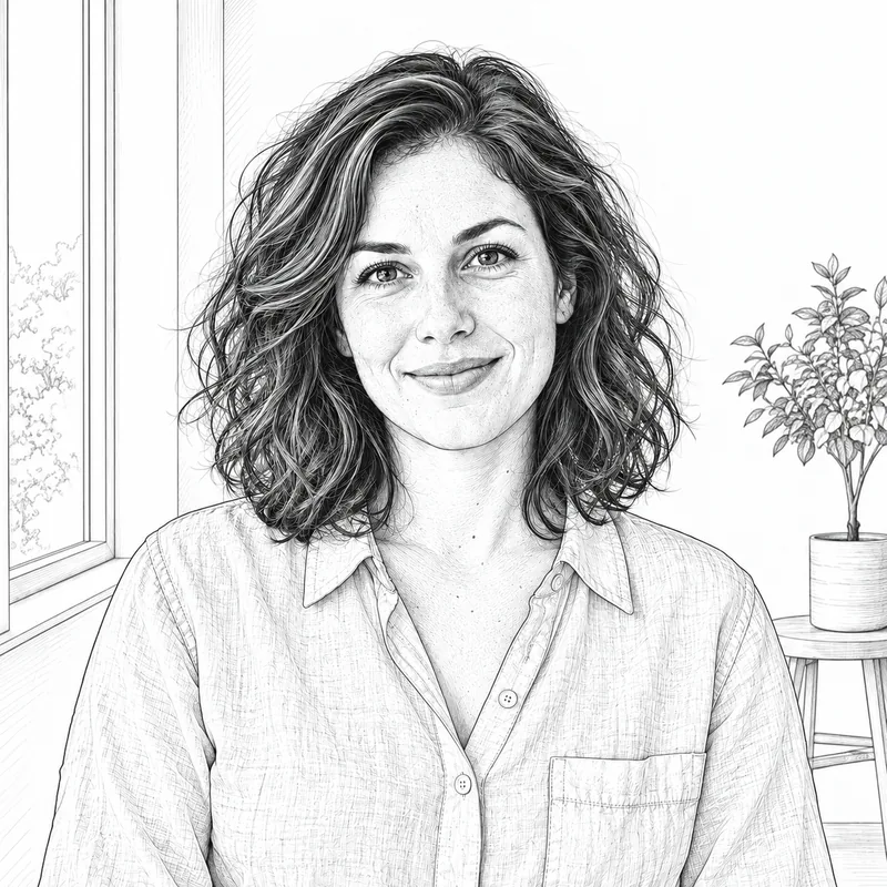 Detailed Line drawing of a smiling woman with wavy shoulder-length hair