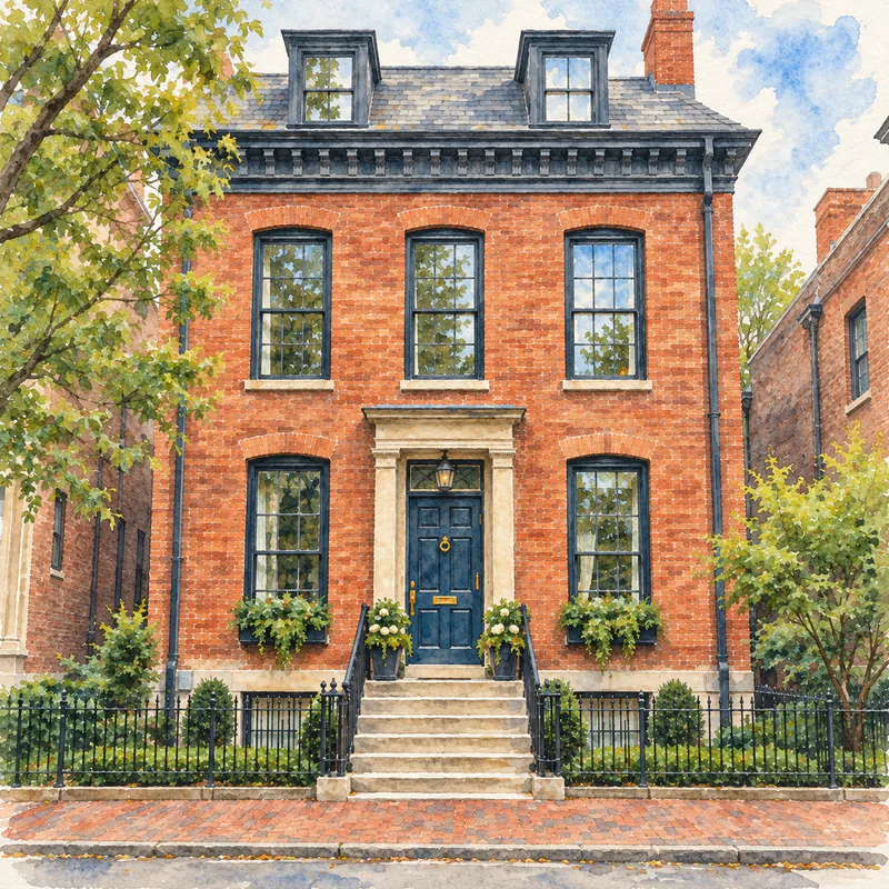 Watercolor painting of the same red-brick townhouse