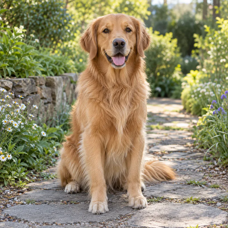 Original photo of a golden retriever sitting on a garden path