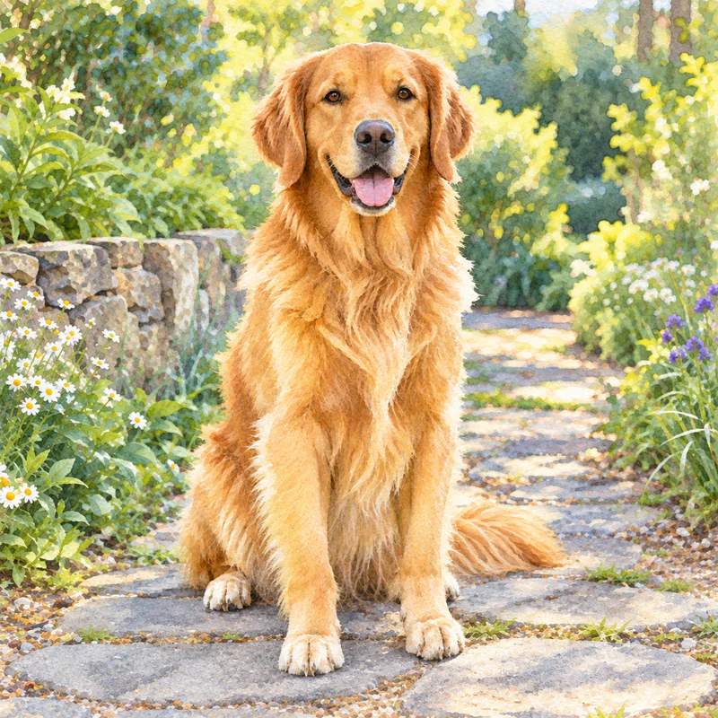 Watercolor painting of the same golden retriever on a garden path