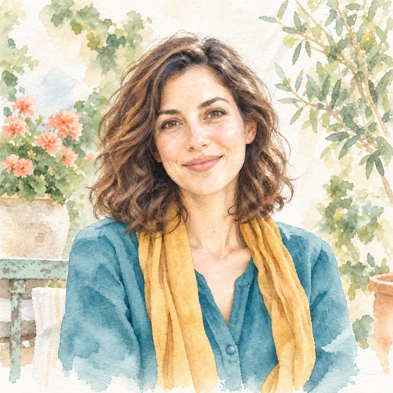 Soft Wash watercolor portrait of a smiling woman in a teal top and mustard scarf