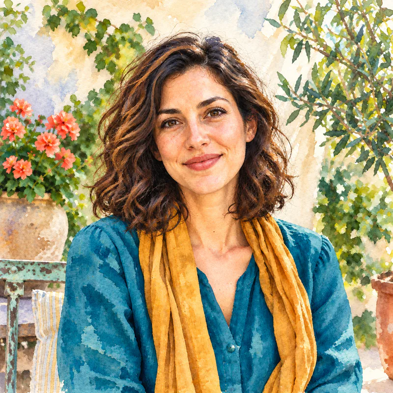 Vibrant Watercolor portrait of the same woman with deeper teal and mustard